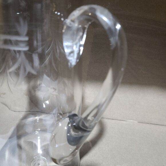 Hand-Blown Clear Crystal Water Pitcher Etched Flowers &‎ Leaves Applied Handle - Picture 4 of 10